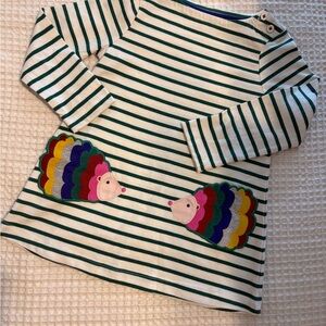 Mini Boden Green and White Striped Shirt with Colorful Hedgehogs